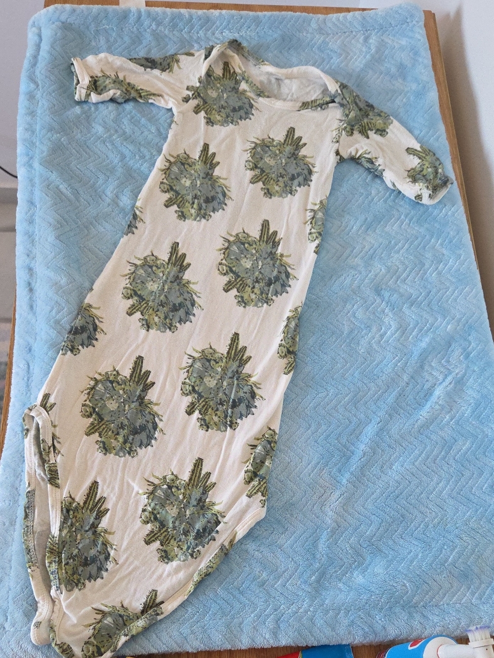 kate quinn Neutral Baby Gown with Green and Blue Botanical Print